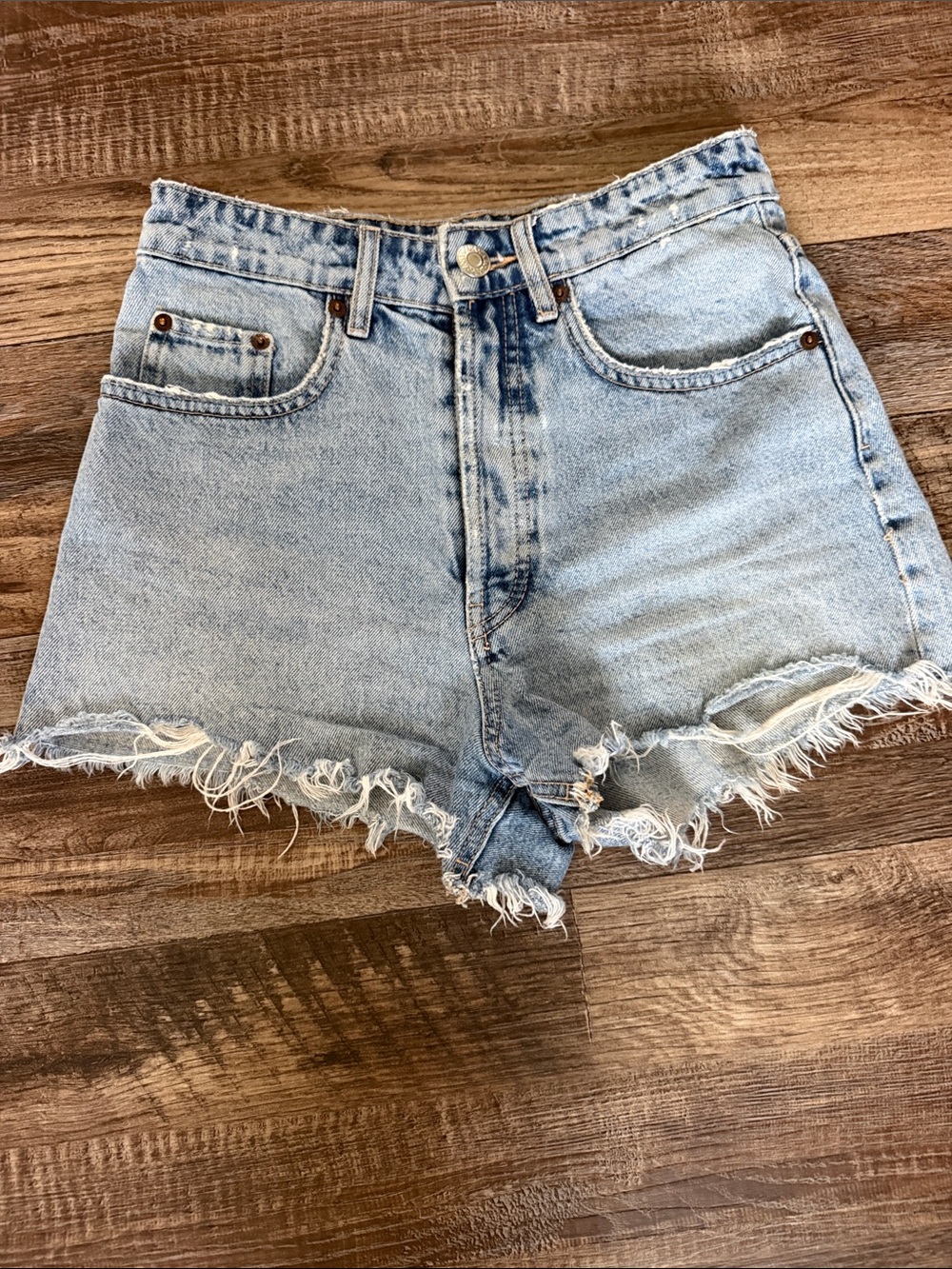 Zara Light Blue High-Rise Frayed Hem Denim Shorts